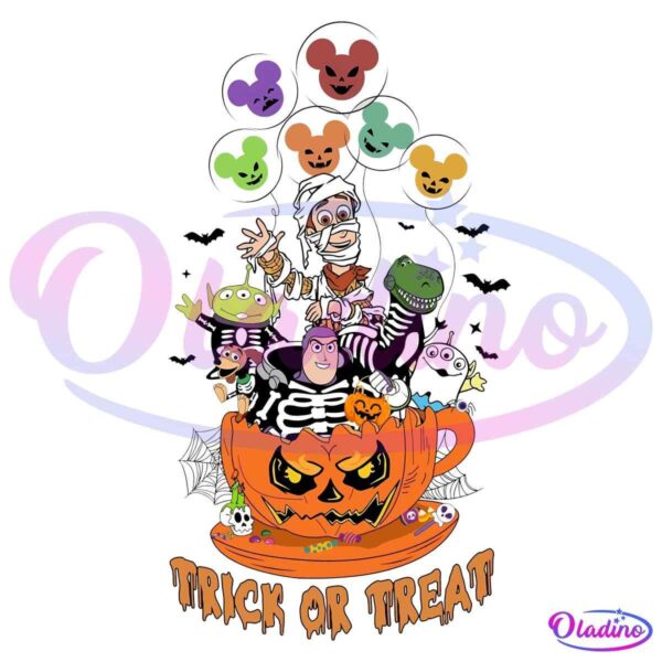 A cartoon Halloween scene shows children in costumes, including a mummy, playing with Halloween props. They are gathered around and inside an oversized orange teacup with a jack-o'-lantern face. Above, there are balloons shaped like Halloween characters. Text: "Trick or Treat".
