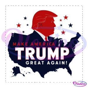 Silhouette of Donald Trump's side profile in red against a blue map of the United States. Red and white stars are around his head. The text reads: "MAKE AMERICA TRUMP AGAIN!," in bold letters.