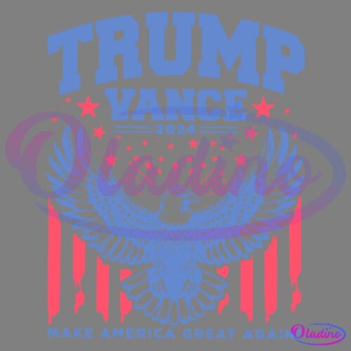 Illustration showing an eagle with wings spread wide in front of red vertical stripes resembling the American flag. The words "TRUMP VANCE 2024" appear at the top, while "MAKE AMERICA GREAT AGAIN!" is written at the bottom. Stars are scattered around the top text.