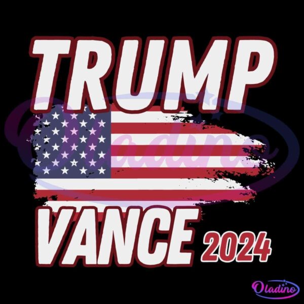 A graphic with the text "TRUMP VANCE 2024" in large letters. The "TRUMP" text is on top, "VANCE" is below, and "2024" is in the bottom right corner. The words are overlaid on a stylized, painted American flag.