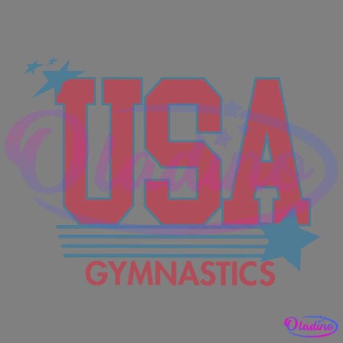 Image of the USA Gymnastics logo. It features large red letters "USA" with blue stars and stripes incorporated into the design. Below "USA" is the word "GYMNASTICS" in red capital letters. Blue stars are positioned around the logo.