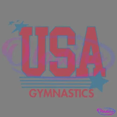 Image of the USA Gymnastics logo. It features large red letters "USA" with blue stars and stripes incorporated into the design. Below "USA" is the word "GYMNASTICS" in red capital letters. Blue stars are positioned around the logo.