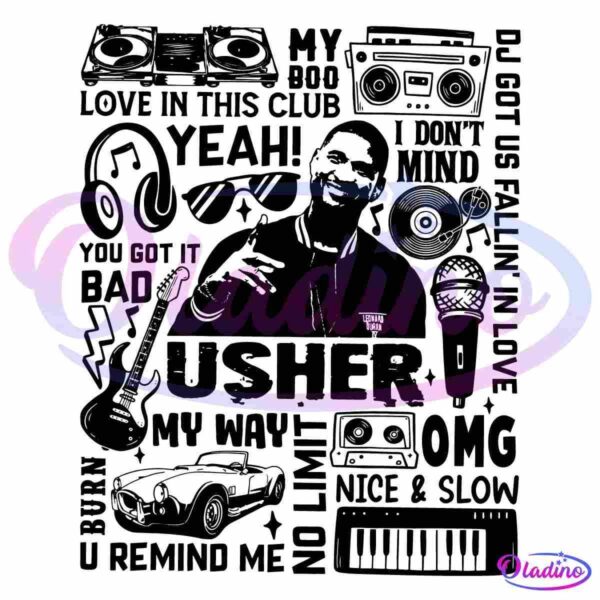 A black and white graphic collage featuring the silhouette of a person in the center surrounded by various words and illustrations. Phrases include "Yeah!", "Caught Up," "Confessions," "Superstar," "U Got It Bad," and "My Boo," among others.