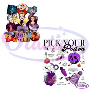 An illustrated poster features various Disney villains like the Evil Queen, Maleficent, and Ursula with the text "Villains: The Evil Tour." Below, it showcases a "Pick Your Poison" chart with Halloween-themed items like a potion bottle, a skull, and a pumpkin.