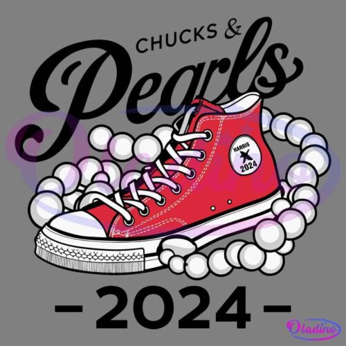 Illustration of a red high-top sneaker adorned with a "Harris 2024" badge on the side, partially surrounded by a string of white pearls.