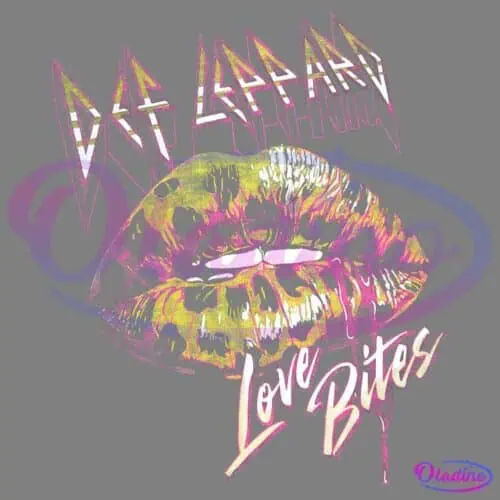 Bold, stylized text at the top reads "Def Leppard." Below, an image of leopard-print lips slightly open with dripping colors surrounds the words "Love Bites" in a dripping, graffiti-like font. The overall design is vibrant and edgy.