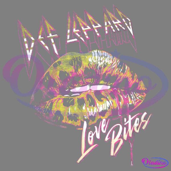 Bold, stylized text at the top reads "Def Leppard." Below, an image of leopard-print lips slightly open with dripping colors surrounds the words "Love Bites" in a dripping, graffiti-like font. The overall design is vibrant and edgy.