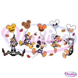 An illustration featuring cartoon characters dressed in skeleton costumes. They're holding Halloween-themed balloons shaped like a mouse head, adorned with pumpkin carvings and spooky faces. Colorful autumn leaves are scattered around against a black background.