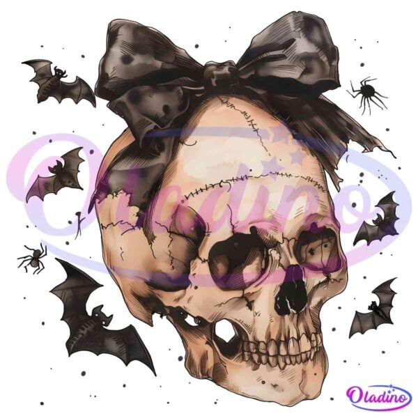 A detailed illustration of a cracked human skull adorned with a large, weathered, black bow. Surrounding the skull are several flying bats and a small spider, all set against a dark, ominous background.