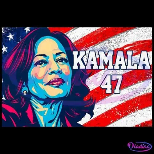 A stylized illustration of a woman with long hair in shades of blue and red is set against an American flag background. Large text to her right reads "KAMALA" with the number "47" beneath it, also in bold lettering.