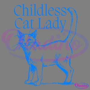 A blue illustration of a cat with the text "Childless Cat Lady" written above it. The cat is standing with its tail raised. The text and the cat image are set against a black background.