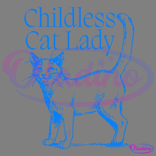 A blue illustration of a cat with the text "Childless Cat Lady" written above it. The cat is standing with its tail raised. The text and the cat image are set against a black background.