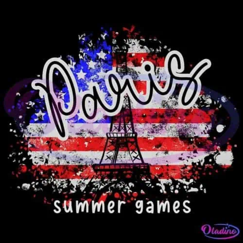 A stylized graphic featuring the word "Paris" in cursive font, overlaid on an abstract representation of the Eiffel Tower and an American flag. Below, the text reads "summer games." The design has a distressed, painted look with splatters and rough edges.