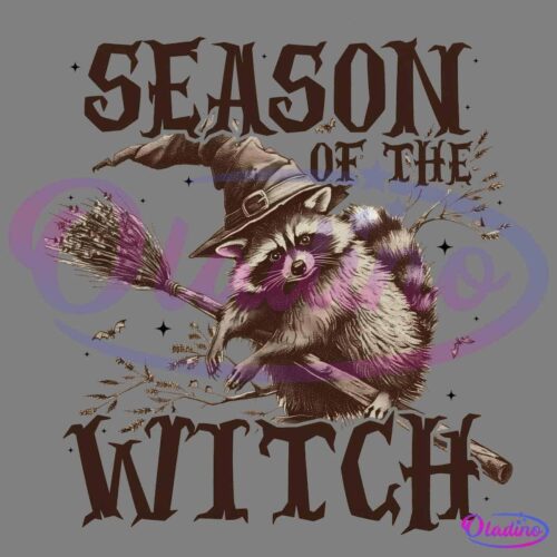 A detailed illustration of a raccoon in a witch hat and cape, riding a broomstick, accompanied by the text "Season of the Witch" in a gothic font. The background features spooky branches, bats, and a full moon.