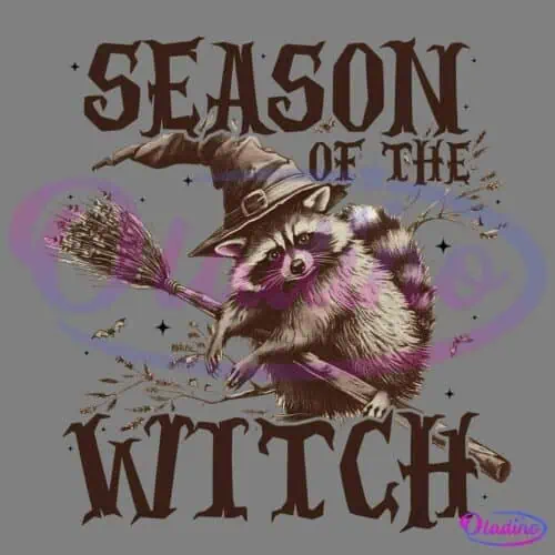 A detailed illustration of a raccoon in a witch hat and cape, riding a broomstick, accompanied by the text "Season of the Witch" in a gothic font. The background features spooky branches, bats, and a full moon.