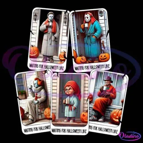 A set of five Halloween-themed cards features horror characters in bathrobes drinking pumpkin spice lattes on porches with pumpkins. Each card reads "Waiting for Halloween Like" at the bottom. The characters include clowns, masked figures, and a disfigured man.