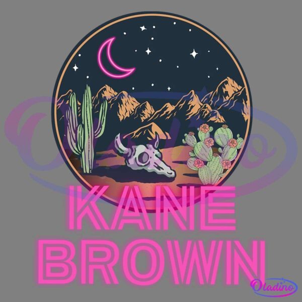 A circular illustration depicts a desert night scene with a crescent moon, stars, mountains, a large cactus, a cactus with flowers, and a cow skull in the foreground. The name "Kane Brown" is written in large pink letters below.