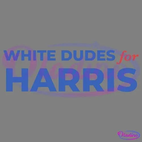 The image features the phrase "WHITE DUDES for HARRIS". "WHITE DUDES" is in uppercase white letters with "DUDEs" in bold, "for" is italicized and in red, and "HARRIS" is in large uppercase bold blue letters. The background is transparent.