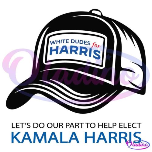 Illustration of a baseball cap with the words "White Dudes for Harris" on the front. Below the cap, the text "Kamala Harris" is displayed.