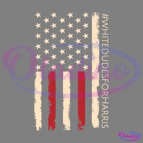 A beige and red stylized American flag graphic with distressed details. The right side features vertical text "#WHITEDUDESFORHARRIS" in the same beige color as the flag's stars and stripes. The background is black.