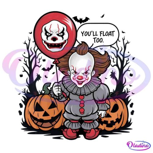 A cartoon version of a clown dressed in a gray outfit with red buttons and holding a red balloon with a sinister face on it. The clown stands in front of two carved pumpkins and dark, eerie trees. The balloon reads "YOU'LL FLOAT TOO" in black text above the clown's head.