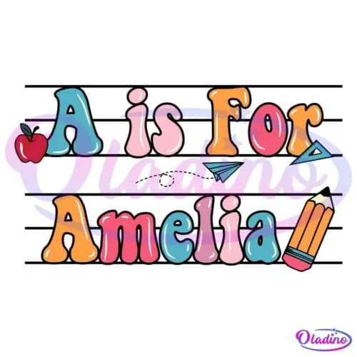 Colorful, playful text on a black background reads "A is for Amelia" with an apple, paper airplane, and pencil icon integrated into the letters.