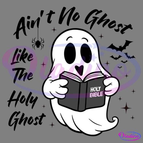 A cute, cartoon ghost with large eyes and a wide-open mouth is floating against a black background. The ghost is holding and reading a black book labeled "HOLY BIBLE" in white text. Small, scattered stars surround the ghost, adding a whimsical touch.