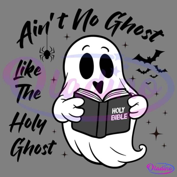 A cute, cartoon ghost with large eyes and a wide-open mouth is floating against a black background. The ghost is holding and reading a black book labeled "HOLY BIBLE" in white text. Small, scattered stars surround the ghost, adding a whimsical touch.