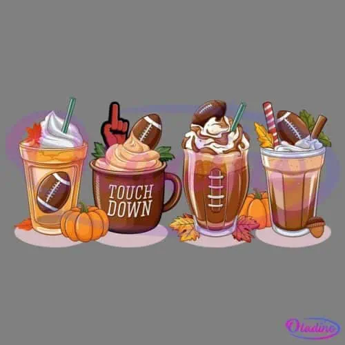 Illustration of four fall-themed drinks with football motifs. Each drink is topped with whipped cream and a miniature football decoration. Surrounding the drinks are autumn leaves, pumpkins, and an acorn. One mug has "TOUCH DOWN" written on it.