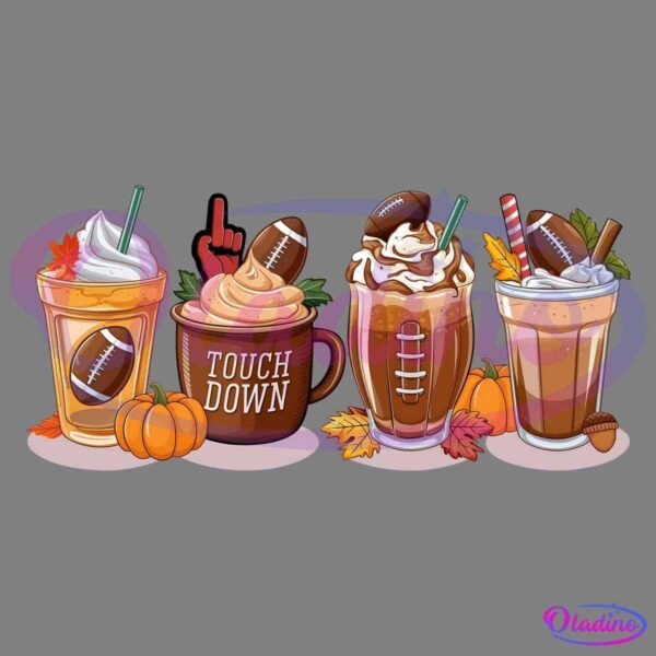 Illustration of four fall-themed drinks with football motifs. Each drink is topped with whipped cream and a miniature football decoration. Surrounding the drinks are autumn leaves, pumpkins, and an acorn. One mug has "TOUCH DOWN" written on it.