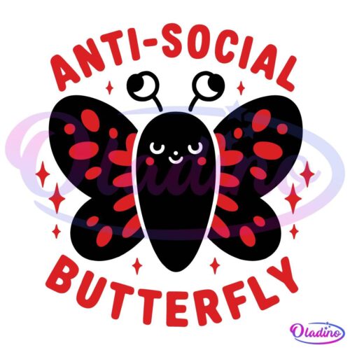 Illustration of a black butterfly with red wing decorations and a smiling face. The butterfly is surrounded by red stars. The words "ANTI-SOCIAL BUTTERFLY" are written in bold red letters above and below the butterfly.