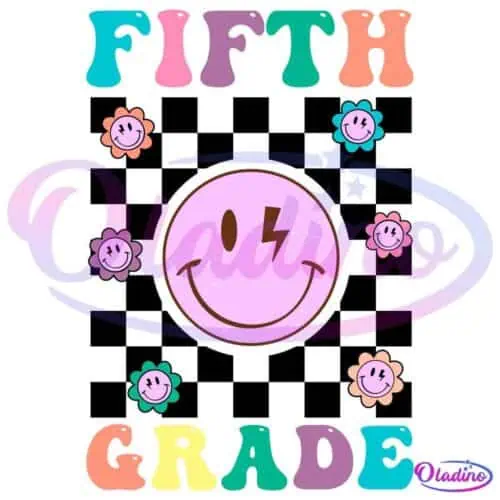 A playful design featuring the text "Fifth Grade" in colorful, whimsical letters. In the center, there's a large smiley face with one eye replaced by a lightning bolt, surrounded by smaller smiley faces and flower icons. The background is black.