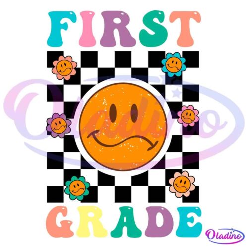 Colorful text 'First Grade' surrounds a central orange smiley face with a playful, winking expression. Flower shapes with smiley faces are scattered around, adding a cheerful and fun vibe to the design.