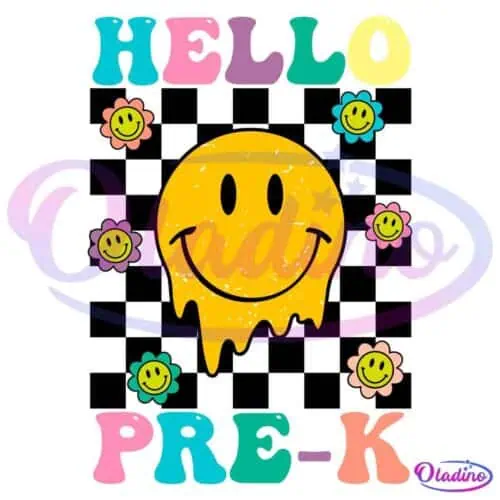 Colorful graphic with the words "HELLO PRE-K" in rainbow-colored letters on a black background. A melting yellow smiley face is in the center, surrounded by flower icons with smiley faces.