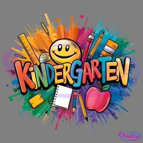 A colorful burst of paint splatters serves as the background for the word "Kindergarten" written in playful, multicolored letters. Surrounding the text are illustrations of school supplies, including a ruler, pencil, eraser, apple, crayons, and a notebook.