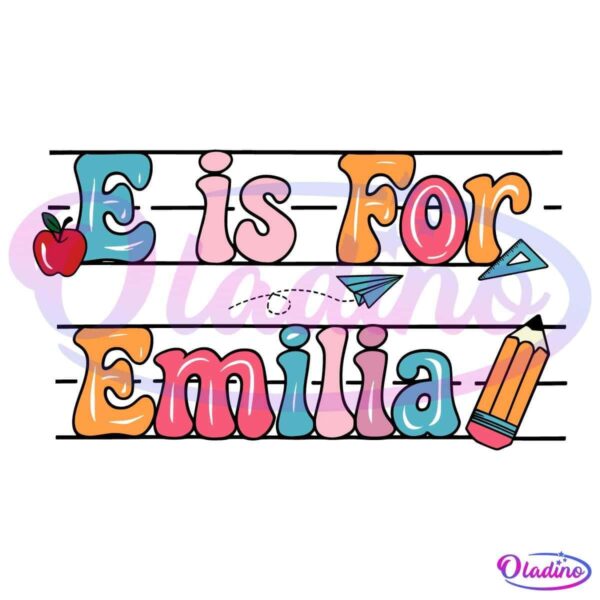 A colorful design featuring the text "E is For Emilia" with playful illustrations, including an apple, paper airplanes, and a pencil. The letter "E" has an apple beside it, "i" has a scribble above it, and there are paper airplanes around the text.