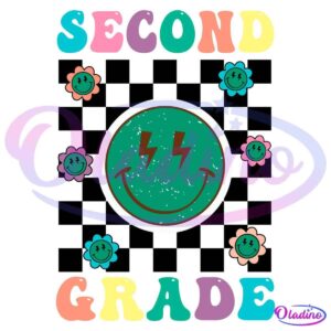 Colorful text reading "Second Grade" with smiley faces and flowers. A large smiling face with lightning bolt eyes is centered in the image