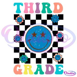 Colorful text reading "Third Grade" surrounds a large blue smiley face with star-shaped eyes. The smiley face is flanked by smaller flower designs, each with its own smiley in the center. The design has a groovy, vintage aesthetic.