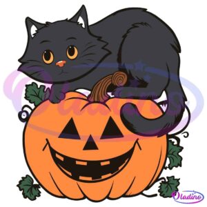 Illustration of a black cat with orange eyes lying on top of a large carved pumpkin. The pumpkin has a traditional jack-o'-lantern face with a wide, toothy grin and triangular eyes, surrounded by green vines and leaves.