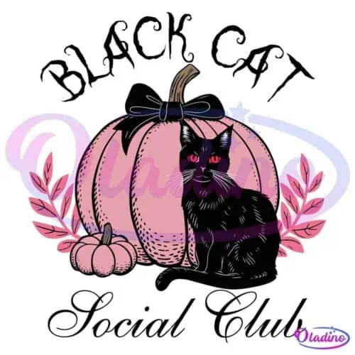 An illustration of a black cat with glowing red eyes sitting in front of a large pink pumpkin adorned with a black bow. A smaller pink pumpkin and pink leafy branches are also part of the decorative arrangement. The background is black.