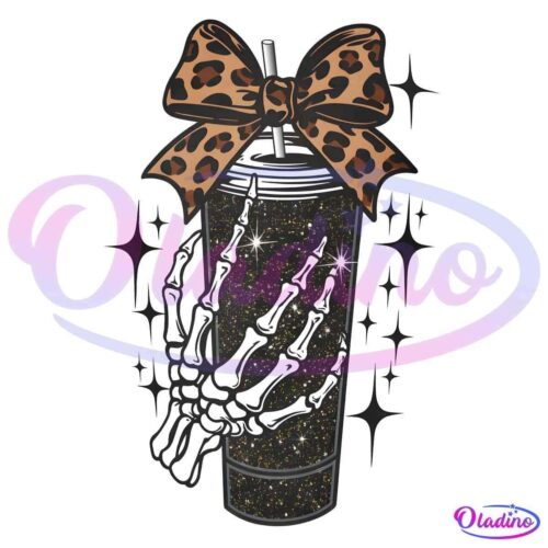 A tall, glittery black tumbler with a straw is adorned with a large, leopard print bow at the top. A white skeletal hand grips the tumbler, adding a spooky element. Sparkles are scattered around the tumbler, enhancing the glamorous design.