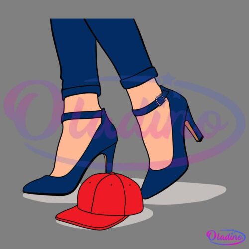 Illustration of a person wearing dark blue high-heeled shoes with ankle straps and black leggings. A red baseball cap is lying on the ground near their feet. The background is white.