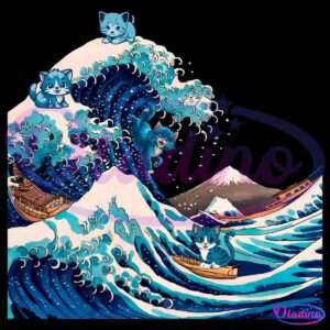 A playful illustration inspired by "The Great Wave off Kanagawa" features several blue and white kittens interacting with the iconic wave. One kitten rides the wave, another sits atop it, and two more kittens are near small boats. Mount Fuji is in the background.