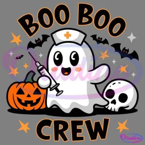 A cute ghost wearing a nurse's hat holds a syringe, surrounded by stars, an orange jack-o'-lantern, and a white skull. "Boo Boo Crew" is written in bold, orange letters at the top and bottom of the image, creating a Halloween-themed design.