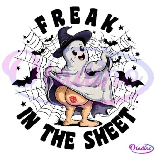 A playful cartoon ghost, wearing a witch hat and white sheet, lifts the sheet to expose its bare legs and buttocks. There is a red lipstick kiss mark on its butt cheek. The background is black, making the ghost stand out prominently.