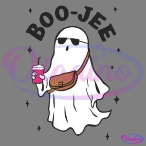 A ghost wearing sunglasses and a crossbody bag, holding a pink drink with a straw. The word "BOO-JEE" is written above the ghost. Black stars are scattered around the illustration, adding to the whimsical and stylish theme.