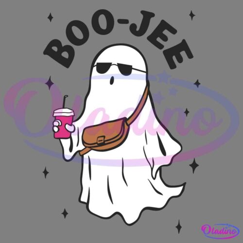 A ghost wearing sunglasses and a crossbody bag, holding a pink drink with a straw. The word "BOO-JEE" is written above the ghost. Black stars are scattered around the illustration, adding to the whimsical and stylish theme.