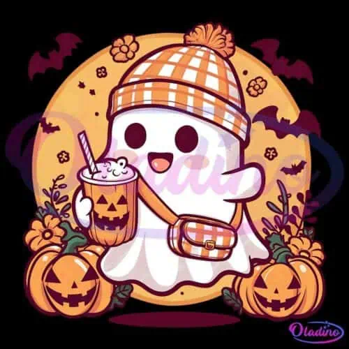 A cute ghost wearing a checkered beanie and crossbody bag enjoys a pumpkin-themed drink against a full moon backdrop. Surrounding the ghost are smiling jack-o'-lanterns, flowers, and flying bats, creating a festive Halloween atmosphere.