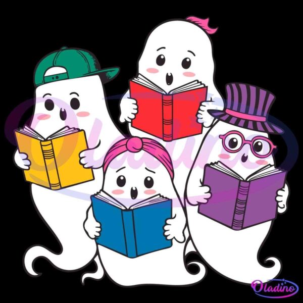 Four cute ghosts are standing and reading books. One ghost is wearing a green cap and holding a yellow book, another with a pink hair bow and a red book, a third with a purple hat and glasses holding a purple book, and the last has a pink bandana with a blue book.