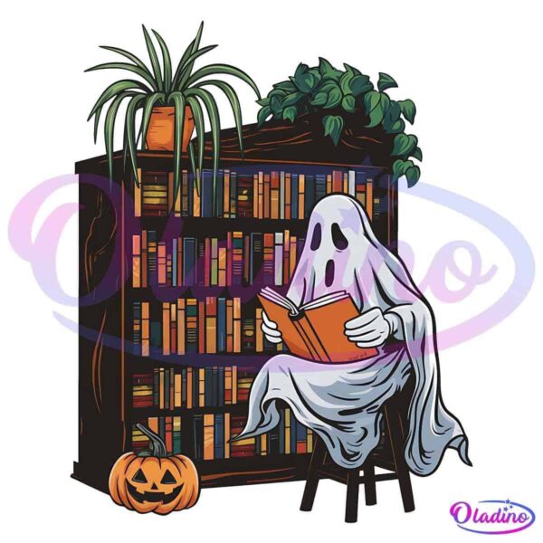 A friendly ghost sits on a stool, reading a book in front of a bookshelf filled with books. The bookshelf has two plants on top, one in a pot and another cascading down. A carved pumpkin with a jack-o'-lantern face is positioned on the floor nearby.